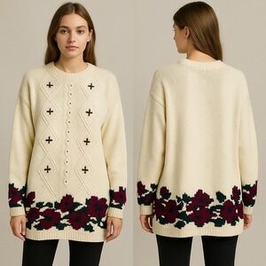 NWT NOS Vintage Northern Reflections Cream Floral‎ Knit Holiday Sweater XL